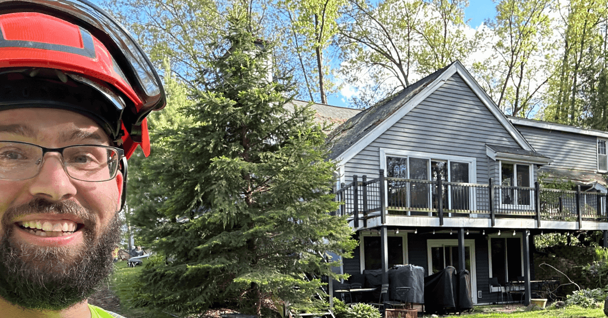 Arborist pruning invasive tree roots near a home foundation in Kalamazoo, Michigan