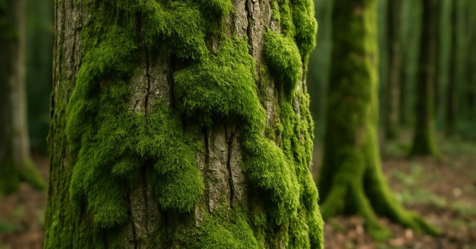 Close-up of a tree trunk covered in bright green moss in a shaded forest, with other mossy trees visible in the blurred background.