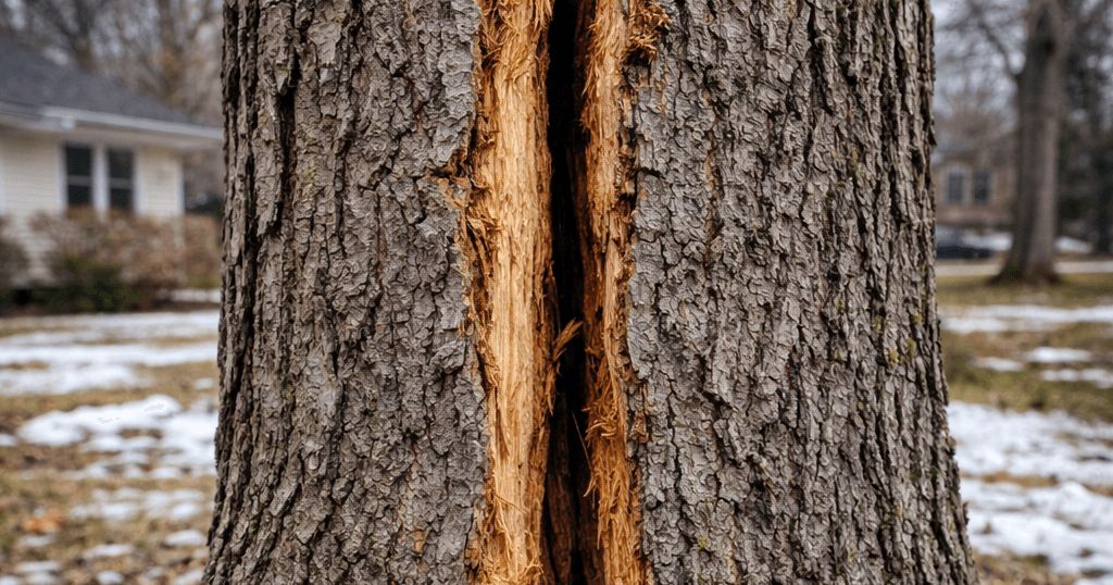 Close-up of a tree trunk with a vertical crack showing early signs