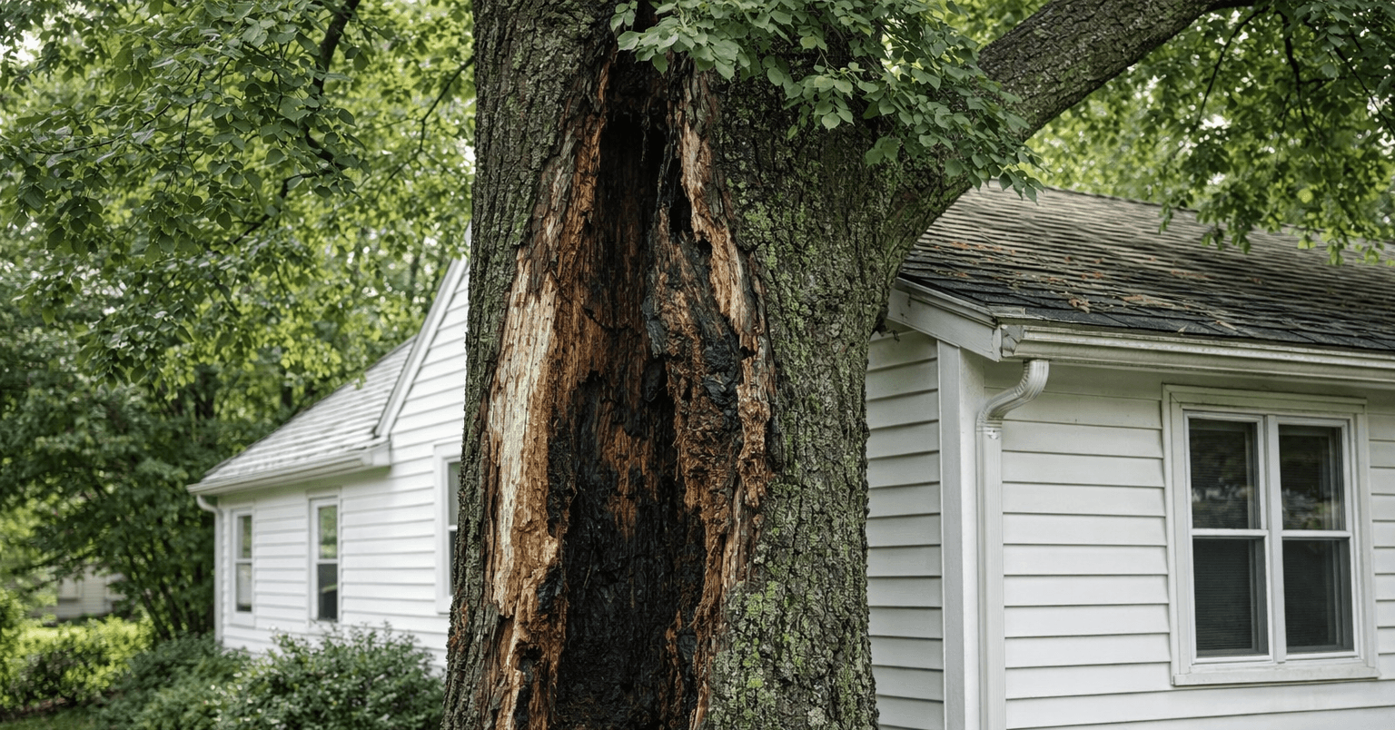 Healthy-looking tree with internal decay posing a risk to a home in Battle Creek, MI