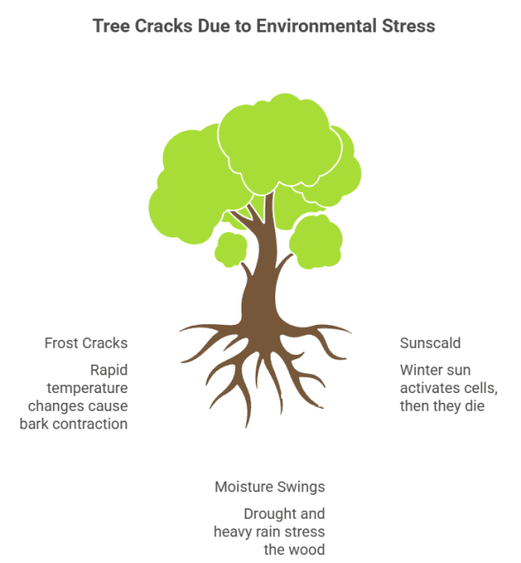 Tree cracks look small, but they’re one of the most common early warning signs of structural failure. Homeowners usually notice them in winter or early spring, especially after temperature swings, storms, or heavy snow. Some cracks are harmless, but deep splits can weaken the trunk, invite decay, and cause sudden failure. This guide breaks down why tree cracks form, what different types mean, and when you need a professional arborist to step in. Key Takeaways Tree cracks are vertical fractures in the bark and wood, often caused by environmental stress, structural weakness, or sudden damage. They are a clear sign that the tree is under significant strain. Common causes include rapid temperature changes (frost cracks and sunscald), weak branch unions (codominant stems with included bark), and external events like lightning strikes or mechanical impact. While minor surface cracks may heal on their own, deep splits that compromise more than a third of the trunk's circumference or show signs of decay often require professional assessment to prevent tree failure. Homeowners should monitor cracks, keep the area clean, and avoid trying to fill them. For significant splits, cabling, bracing, or removal by a professional arborist are the safest options. What Are Tree Cracks? A tree crack, also known as a split or fissure, is a vertical separation in the bark that can extend into the inner wood of the trunk or a major limb. Tree cracks matter because they weaken the trunk and can lead to sudden failure, especially in older or stressed trees. According to Purdue Extension, these cracks are significant tree defects that indicate stress has exceeded the tree's structural capacity. They range from minor surface fissures to deep splits that compromise stability. In Michigan's climate, dramatic temperature swings make frost cracks particularly common during late winter. Understanding the cause is the first step toward the right solution, whether that's monitoring, professional support from Tree Health Care services, or safe removal. A Field Story from Calhoun County Our crew was called to a Marshall property to inspect a large red oak with a deep crack near its base after a severe winter. The homeowner worried the tree might fall on their house. We identified a severe frost crack that had reopened along a pre-existing weak point, running several feet up the trunk. Because the crack was significant and the tree stood in a high-risk location, we installed cables high in the canopy and a through-bolt near the crack to provide support. We also performed crown cleaning to reduce weight and wind resistance. This stabilized the tree, letting the homeowner keep their oak while managing risk. It showed how professional assessment can find solutions beyond immediate Tree Removal. Common Causes of Tree Cracks and Splits Tree cracks result from a combination of environmental stress, structural defects, and external damage. Environmental Causes Michigan's dramatic temperature swings from day to night create conditions for several types of cracks. Frost Cracks: These classic vertical cracks appear in late winter or early spring. As explained on Wikipedia, the sun warms bark on cold days, causing expansion. When the temperature drops rapidly at night, the outer bark contracts faster than the inner wood. This pressure splits the trunk, sometimes with an audible pop. Trees with thin bark or pre-existing wounds are most vulnerable. Sunscald: Similar to frost cracks, sunscald affects the south or southwest side of thin-barked trees. Winter sun heats bark, causing cells to break dormancy. When the temperature plummets at night, these active cells die, creating dead tissue that leads to cracking and peeling bark. Drought and Excessive Moisture: Extreme soil moisture swings stress trees. Prolonged drought causes wood to shrink and become brittle. Heavy rainfall after dry spells creates growth surges that pressure bark from inside, causing splits. The University of Tennessee Extension documents this as a common cause in regions with variable rainfall. Structural Defects Codominant Stems: This is one of the most common defects leading to failure. When a tree develops two or more main trunks of equal size from the same point, they form a weak V-shaped union. Bark becomes trapped between stems as they grow, creating 