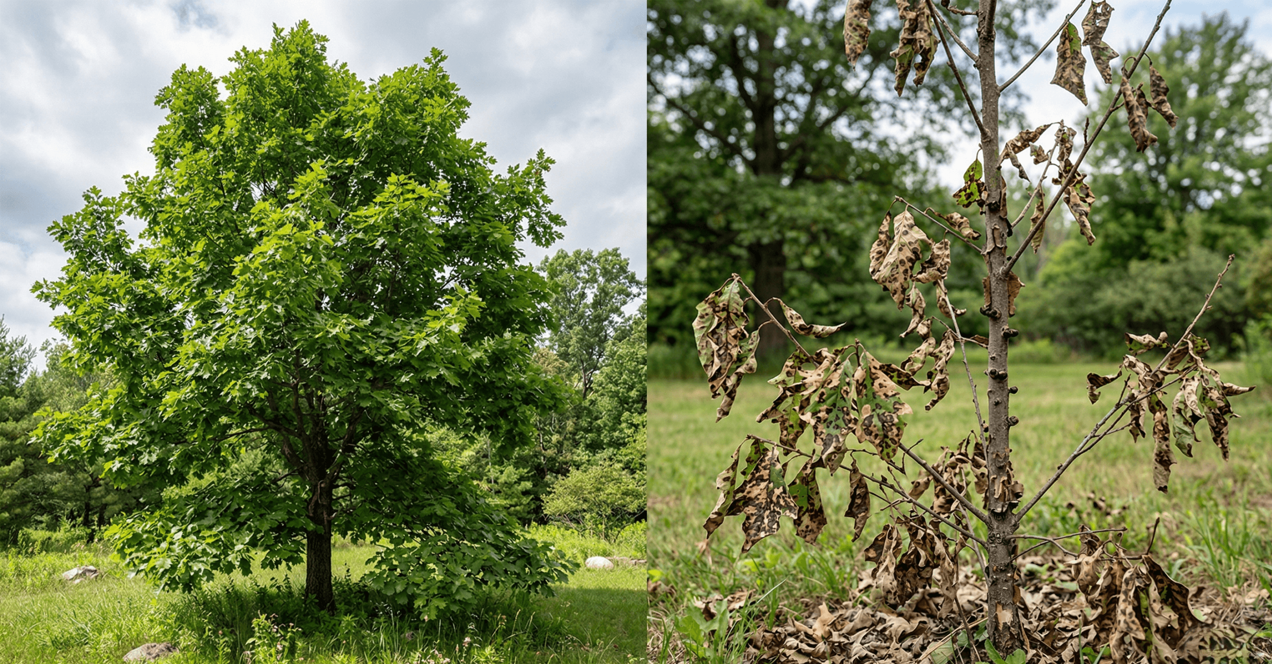 Healthy green tree contrasted with leaves showing symptoms of blight and decay