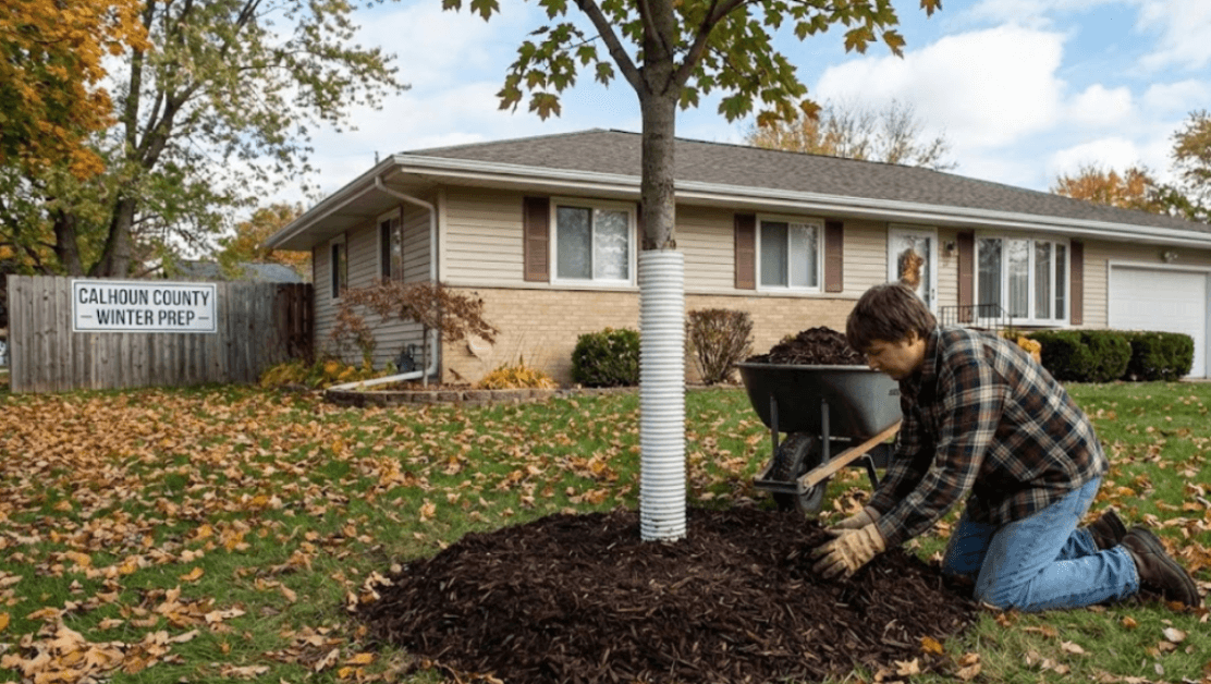 Homeowner preparing a tree for winter with mulch and trunk protection in Calhoun County