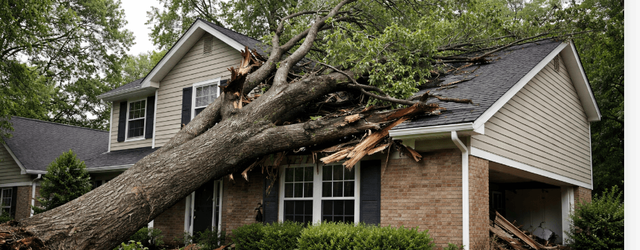 Fallen tree on a house roof in Battle Creek after a storm