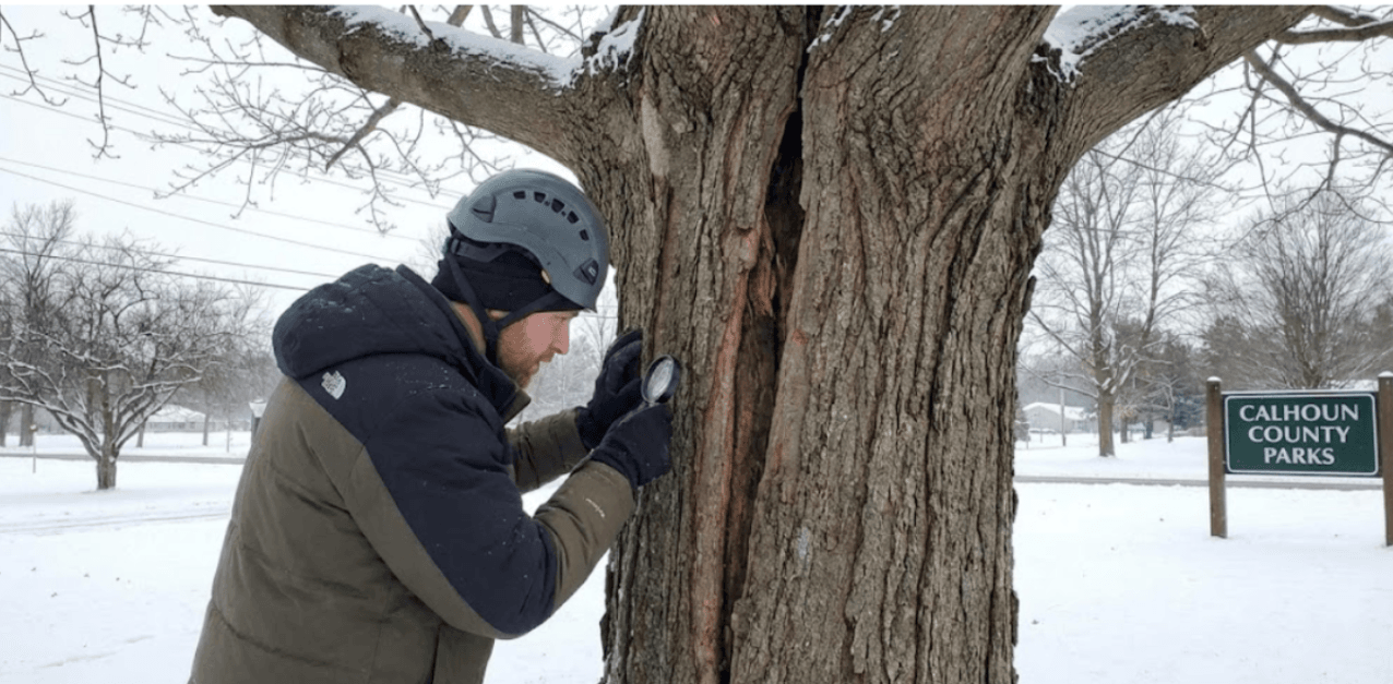 An arborist is inspecting frost crack damage on a tree during winter in Calhoun County