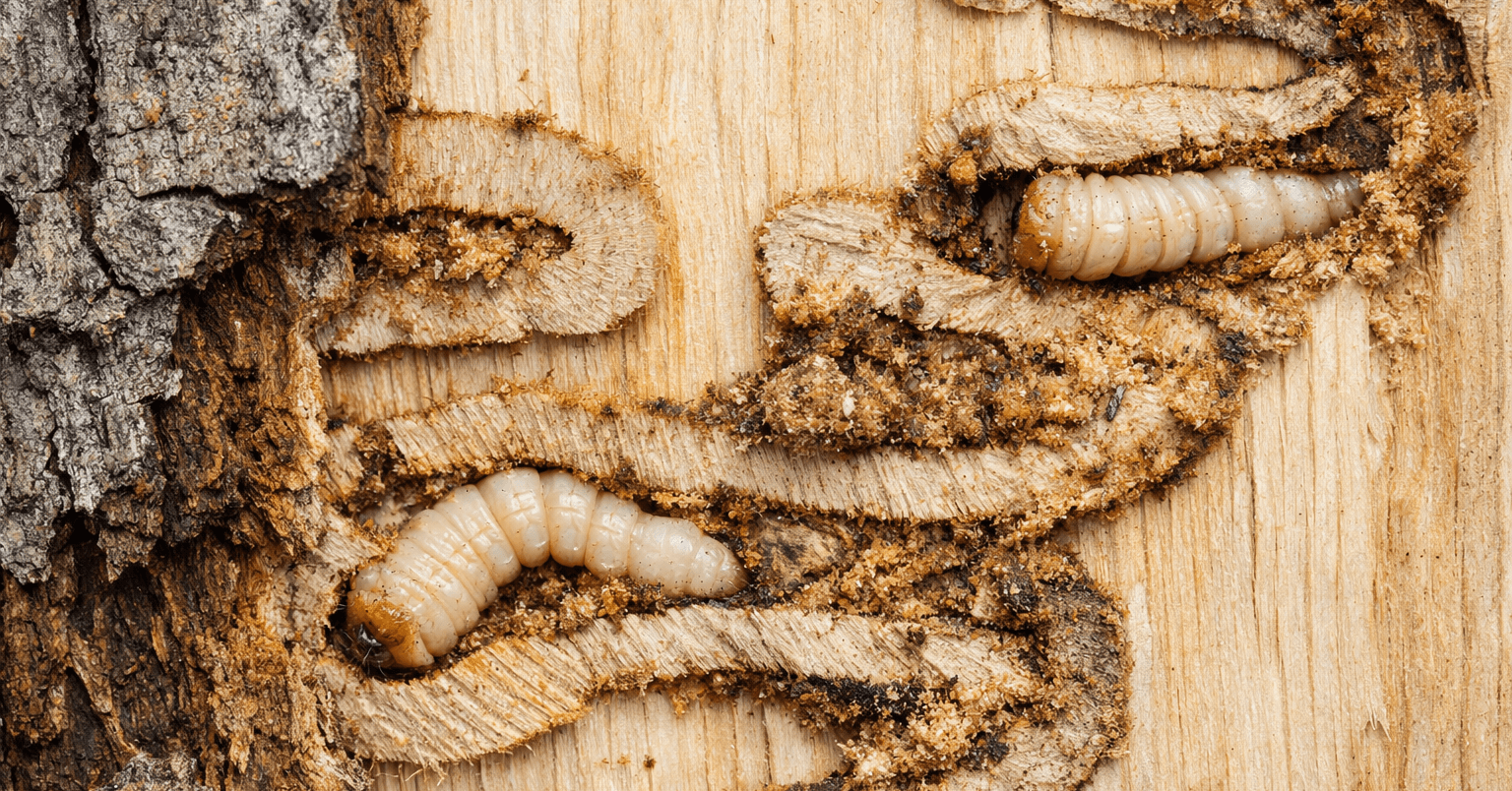 Emerald Ash Borer larvae damage visible under bark of an ash tree in Michigan
