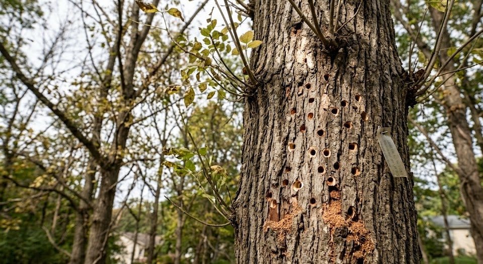 EAB D-shaped exit holes on declining Kalamazoo ash tree