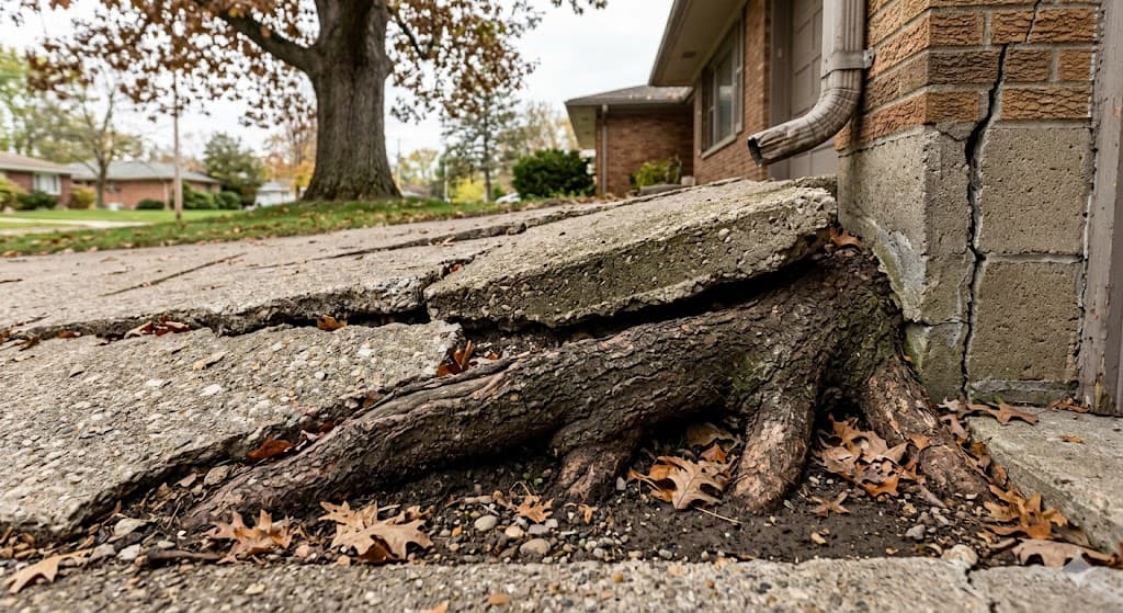 Tree roots lifting Battle Creek driveway concrete foundation
