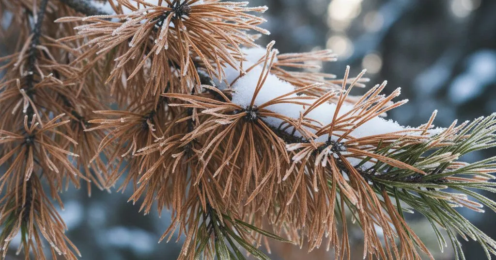 Close view of pine needles turning brown from winter burn on an evergreen tree in Calhoun County