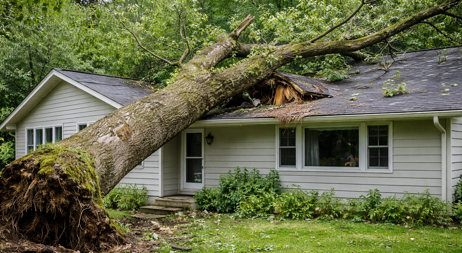 Tree fallen on a residential roof in Battle Creek, MI, after severe storm damage.