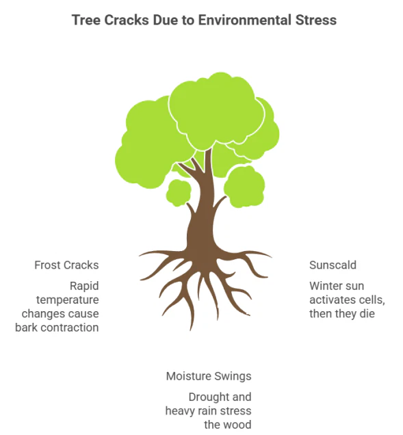 Tree cracks look small, but they’re one of the most common early warning signs of structural failure. Homeowners usually notice them in winter or early spring, especially after temperature swings, storms, or heavy snow. Some cracks are harmless, but deep splits can weaken the trunk, invite decay, and cause sudden failure. This guide breaks down why tree cracks form, what different types mean, and when you need a professional arborist to step in. Key Takeaways Tree cracks are vertical fractures in the bark and wood, often caused by environmental stress, structural weakness, or sudden damage. They are a clear sign that the tree is under significant strain. Common causes include rapid temperature changes (frost cracks and sunscald), weak branch unions (codominant stems with included bark), and external events like lightning strikes or mechanical impact. While minor surface cracks may heal on their own, deep splits that compromise more than a third of the trunk's circumference or show signs of decay often require professional assessment to prevent tree failure. Homeowners should monitor cracks, keep the area clean, and avoid trying to fill them. For significant splits, cabling, bracing, or removal by a professional arborist are the safest options. What Are Tree Cracks? A tree crack, also known as a split or fissure, is a vertical separation in the bark that can extend into the inner wood of the trunk or a major limb. Tree cracks matter because they weaken the trunk and can lead to sudden failure, especially in older or stressed trees. According to Purdue Extension, these cracks are significant tree defects that indicate stress has exceeded the tree's structural capacity. They range from minor surface fissures to deep splits that compromise stability. In Michigan's climate, dramatic temperature swings make frost cracks particularly common during late winter. Understanding the cause is the first step toward the right solution, whether that's monitoring, professional support from Tree Health Care services, or safe removal. A Field Story from Calhoun County Our crew was called to a Marshall property to inspect a large red oak with a deep crack near its base after a severe winter. The homeowner worried the tree might fall on their house. We identified a severe frost crack that had reopened along a pre-existing weak point, running several feet up the trunk. Because the crack was significant and the tree stood in a high-risk location, we installed cables high in the canopy and a through-bolt near the crack to provide support. We also performed crown cleaning to reduce weight and wind resistance. This stabilized the tree, letting the homeowner keep their oak while managing risk. It showed how professional assessment can find solutions beyond immediate Tree Removal. Common Causes of Tree Cracks and Splits Tree cracks result from a combination of environmental stress, structural defects, and external damage. Environmental Causes Michigan's dramatic temperature swings from day to night create conditions for several types of cracks. Frost Cracks: These classic vertical cracks appear in late winter or early spring. As explained on Wikipedia, the sun warms bark on cold days, causing expansion. When the temperature drops rapidly at night, the outer bark contracts faster than the inner wood. This pressure splits the trunk, sometimes with an audible pop. Trees with thin bark or pre-existing wounds are most vulnerable. Sunscald: Similar to frost cracks, sunscald affects the south or southwest side of thin-barked trees. Winter sun heats bark, causing cells to break dormancy. When the temperature plummets at night, these active cells die, creating dead tissue that leads to cracking and peeling bark. Drought and Excessive Moisture: Extreme soil moisture swings stress trees. Prolonged drought causes wood to shrink and become brittle. Heavy rainfall after dry spells creates growth surges that pressure bark from inside, causing splits. The University of Tennessee Extension documents this as a common cause in regions with variable rainfall. Structural Defects Codominant Stems: This is one of the most common defects leading to failure. When a tree develops two or more main trunks of equal size from the same point, they form a weak V-shaped union. Bark becomes trapped between stems as they grow, creating 
